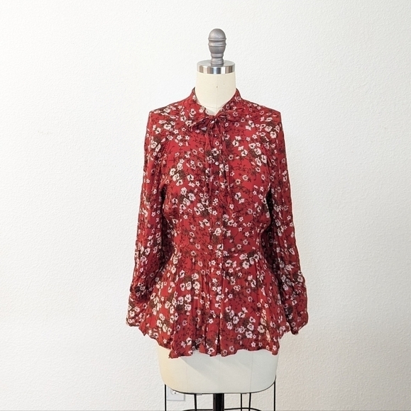 Zara Floral Balloon Sleeve Button Peplum Silky Top Red M Business casual retro - Picture 1 of 10